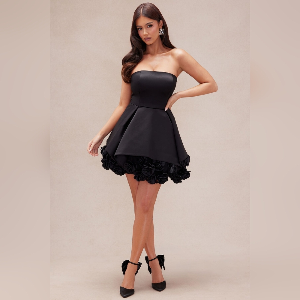 Fashion Nova Black Strapless Dress with Floral Hem
